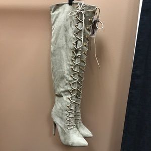 ‼️ Taupe Tan Suede Thigh High Heel Boots Shoe